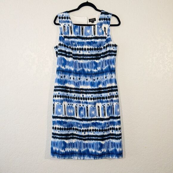 Tahari Arthur S. Levine Blue Ikat Print Linen‎ Blend Dress Size 10 - Picture 2 of 11